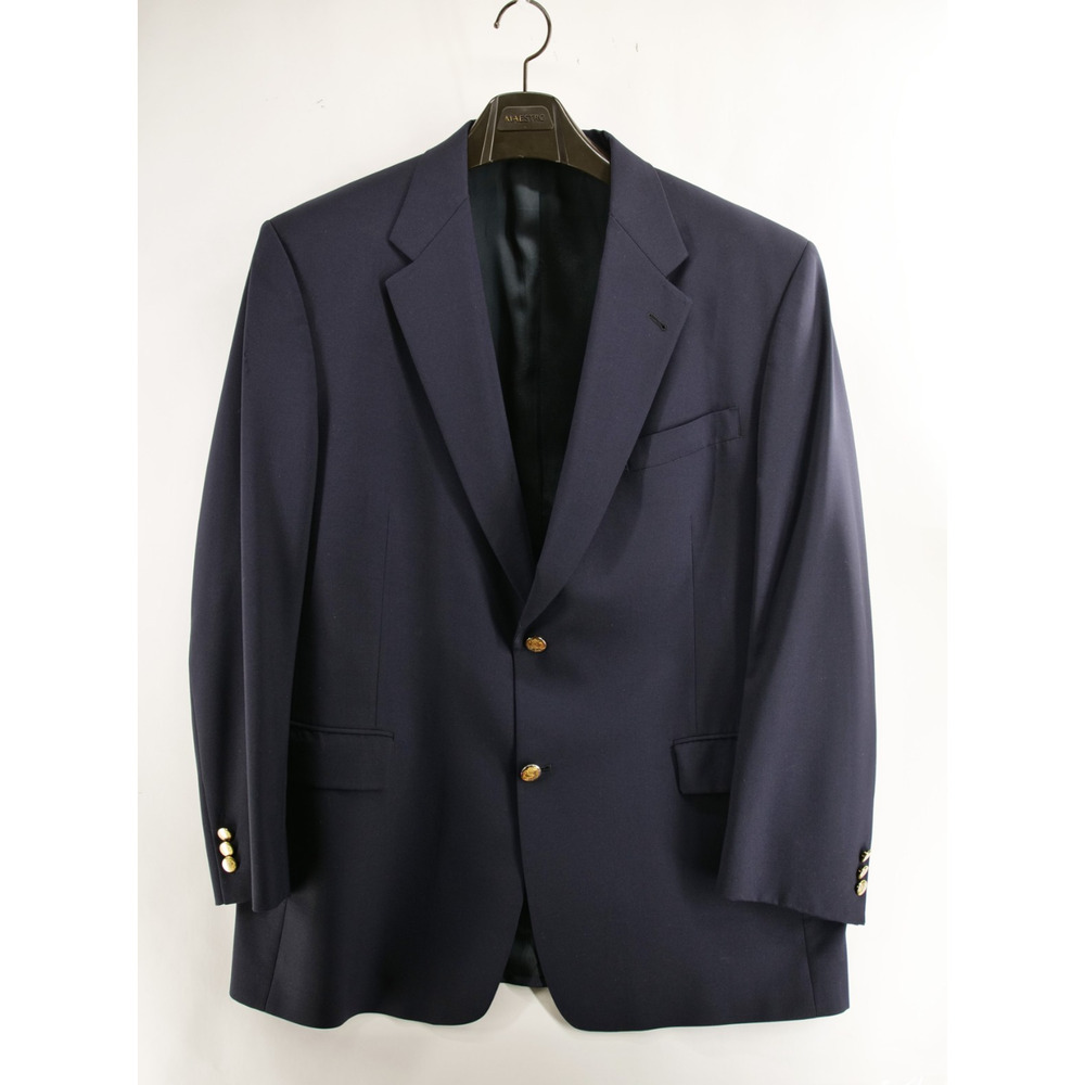 Hart Schaffner Marx Blazer Jacket Mens 46R Navy Blue Solid Wool Gold Button